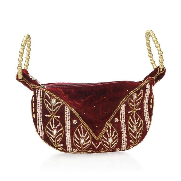 Embroidered Velvety Leaf Pattern Potli Maroon - Picture 3 of 3